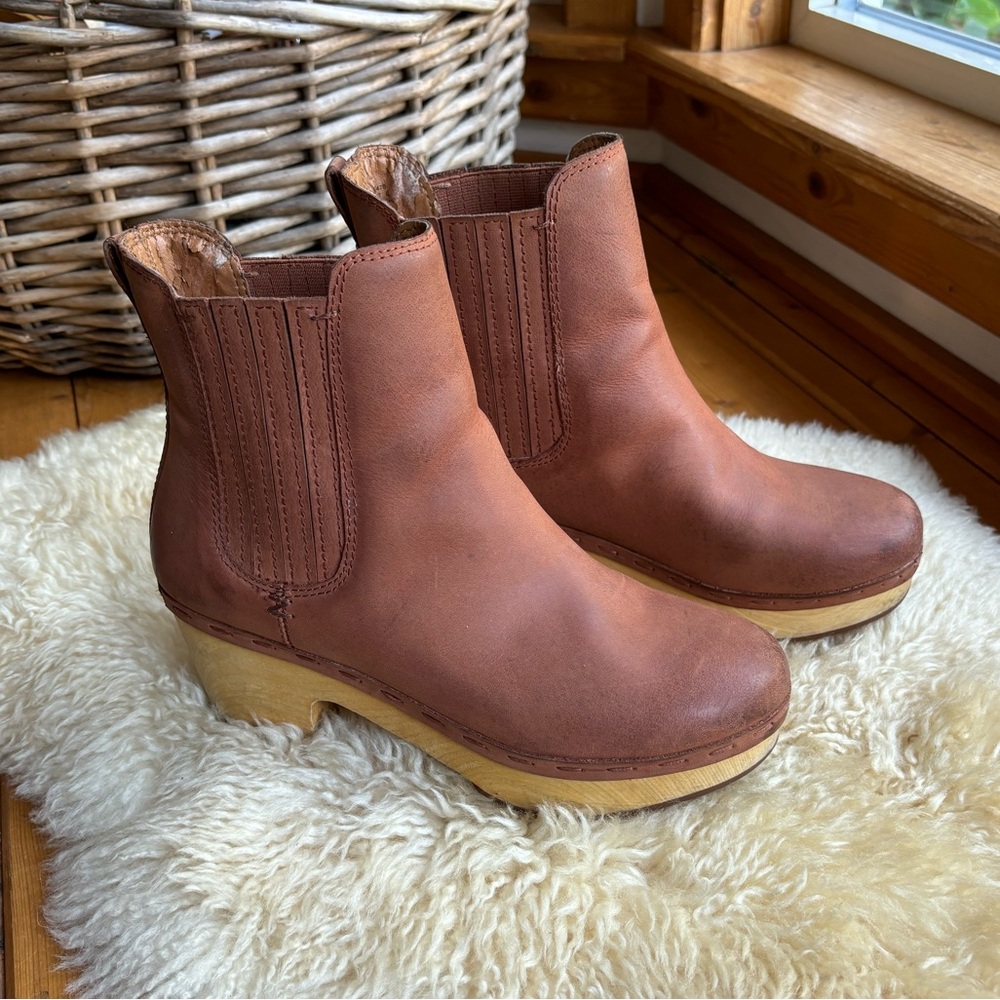 Women's Brown Leather Clog Ankle Boots
